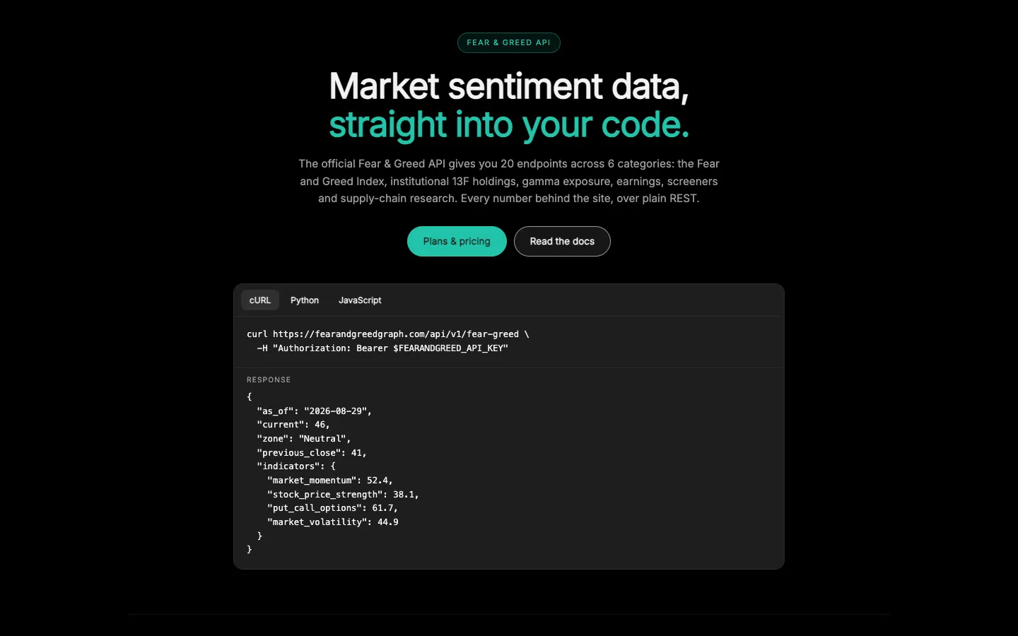 The Fear & Greed API page with plans and example requests.